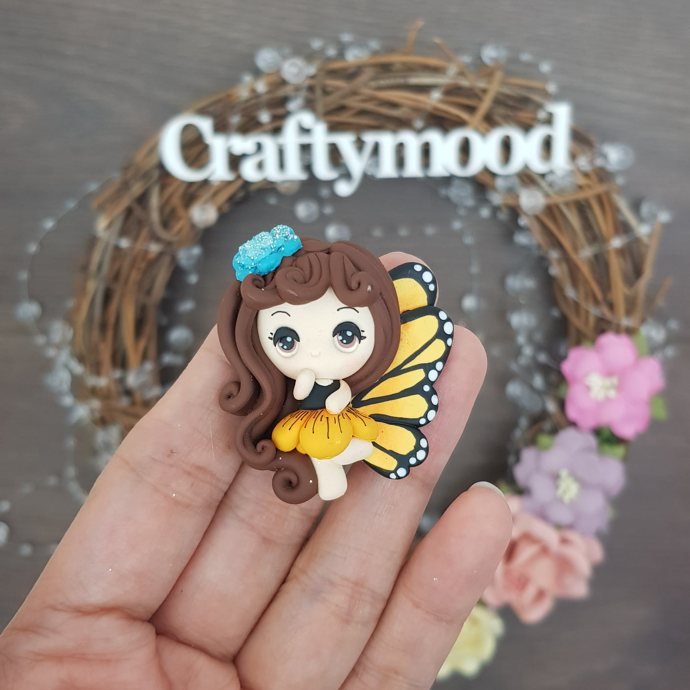 Yellow Butterfly flower fairy - Embellishment Clay Bow Centre