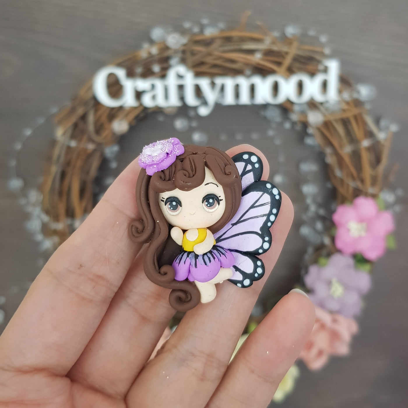 Purple Butterfly flower fairy - Embellishment Clay Bow Centre