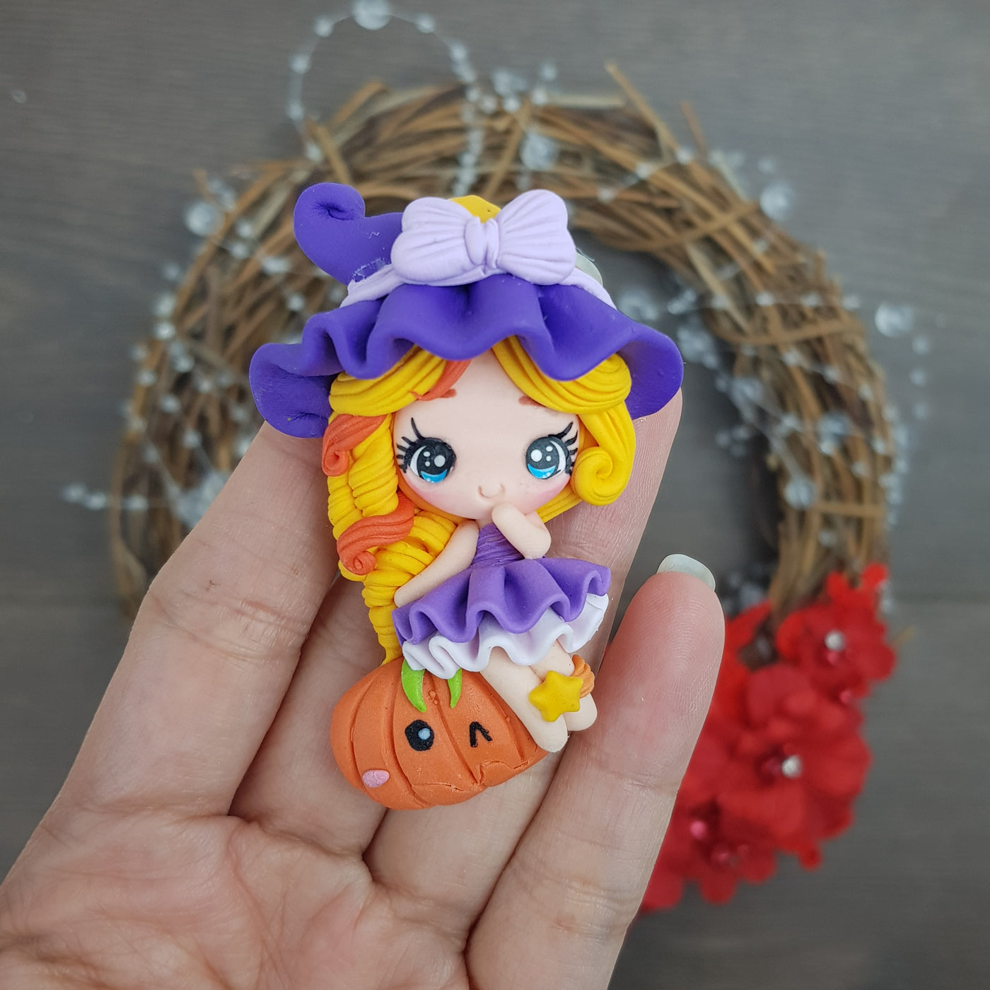 Purple dress witch girl with pumpkin - Handmade Flatback Clay Bow Centre