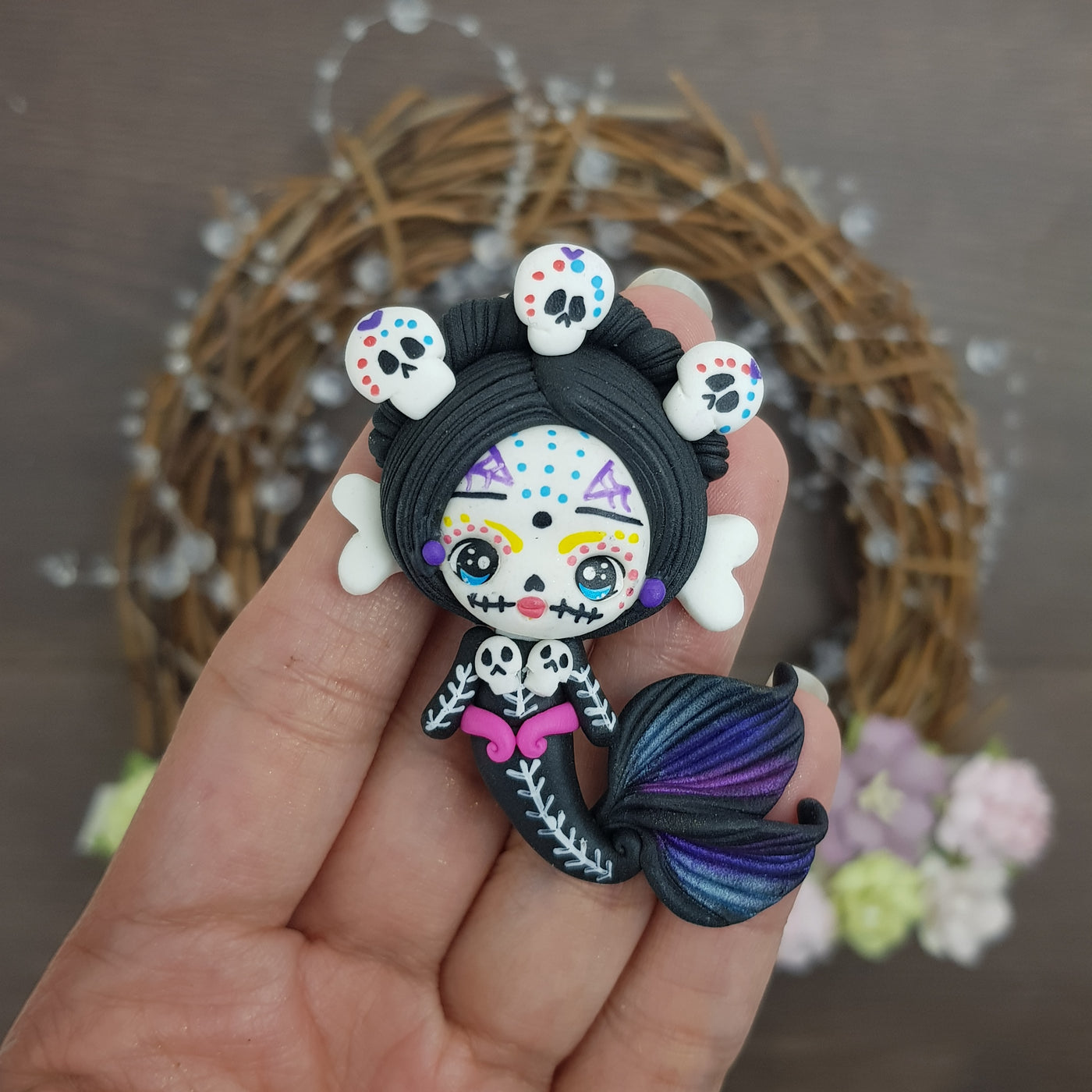 Halloween skeleton mermaid - Embellishment Clay Bow Centre