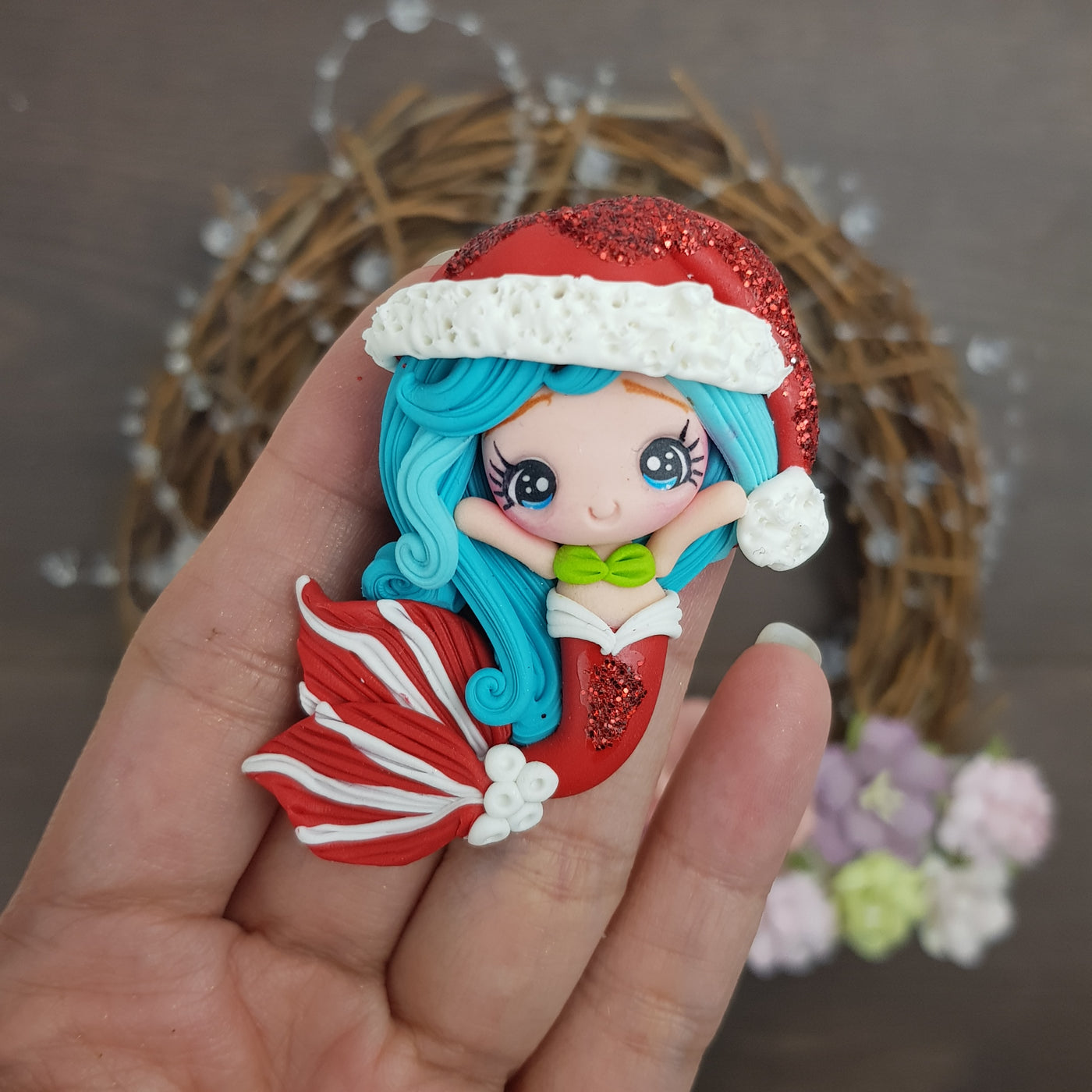 Blue hair Christmas mermaid - Handmade Flatback Clay Bow Centre