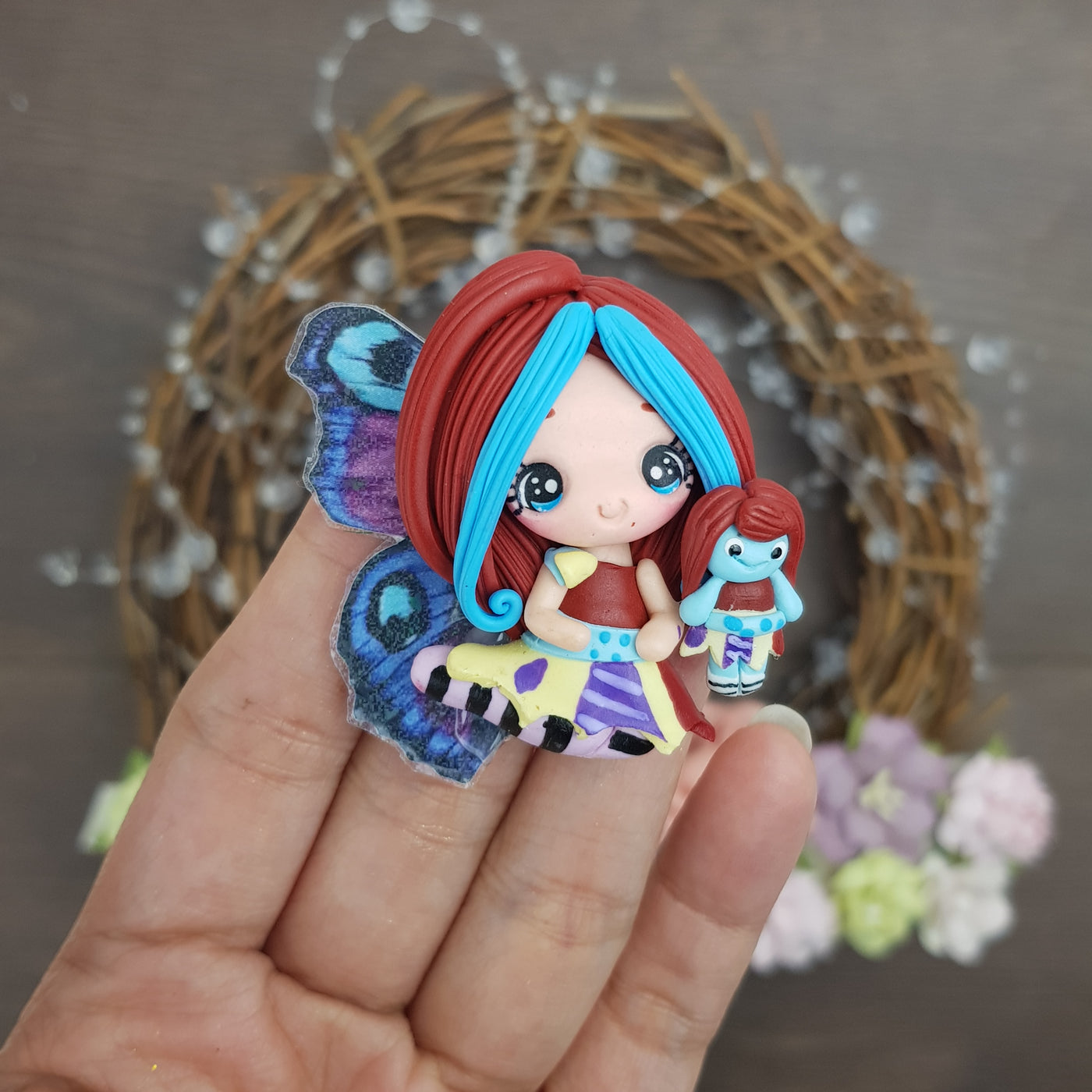 Blue brick red fairy - Embellishment Clay Bow Centre