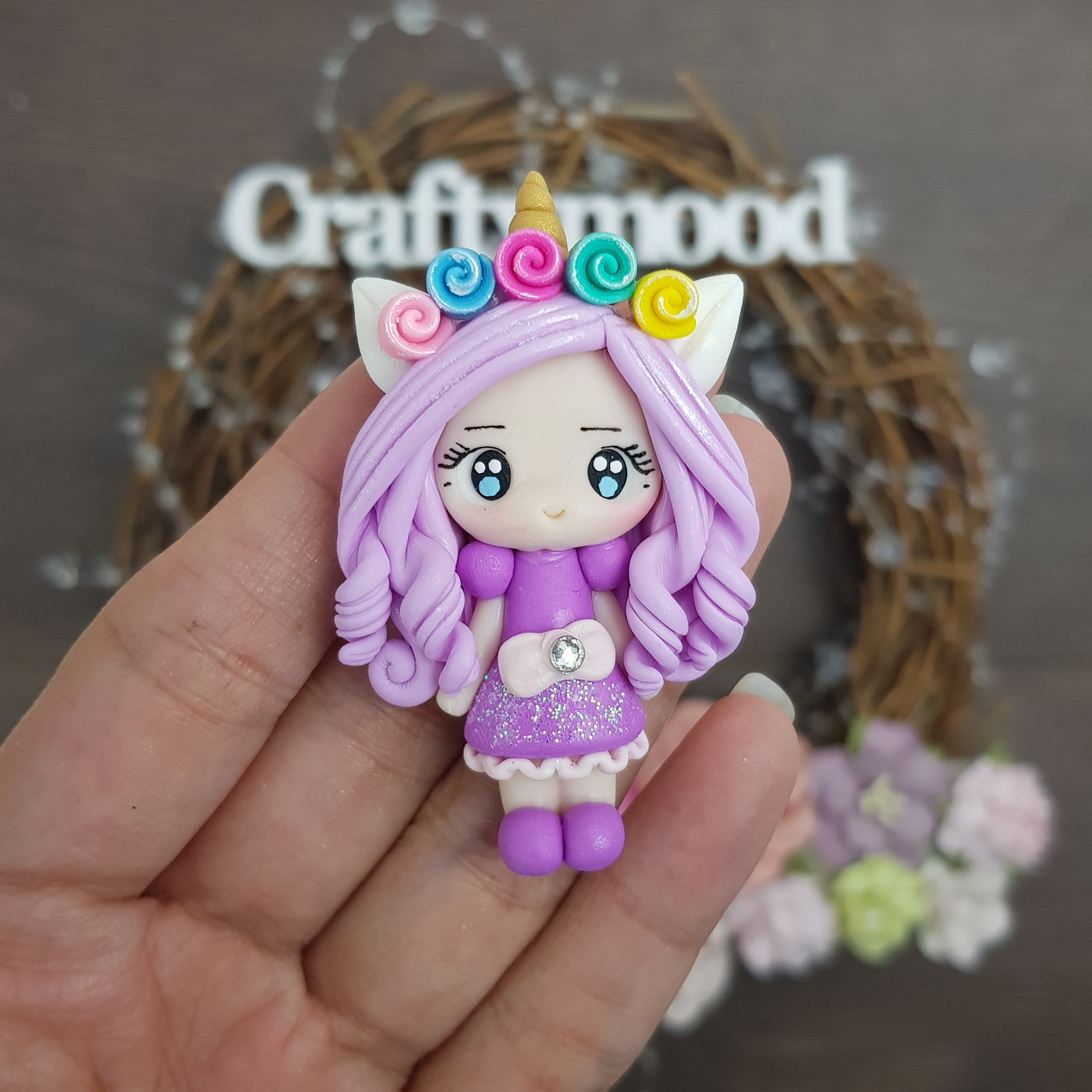 Unicorn lilac hair girl - Embellishment Clay Bow Centre