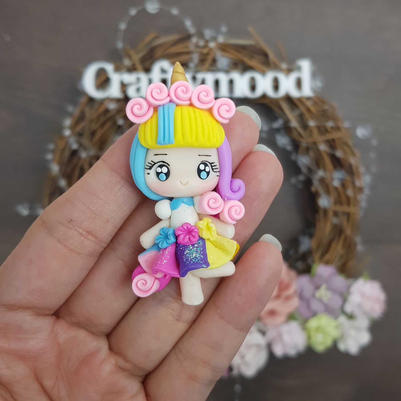 Unicorn rainbow hair girl - Embellishment Clay Bow Centre