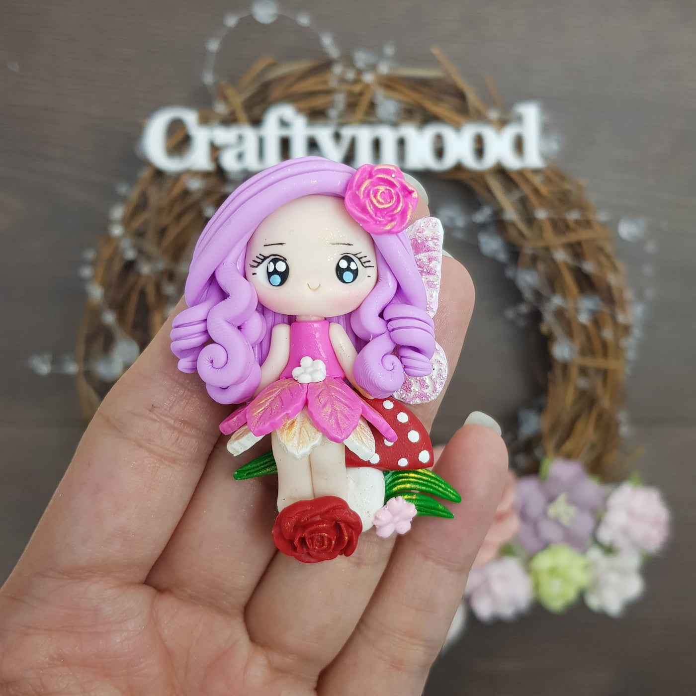 Mushroom fairy lilac hair - Handmade Flatback Clay Bow Centre