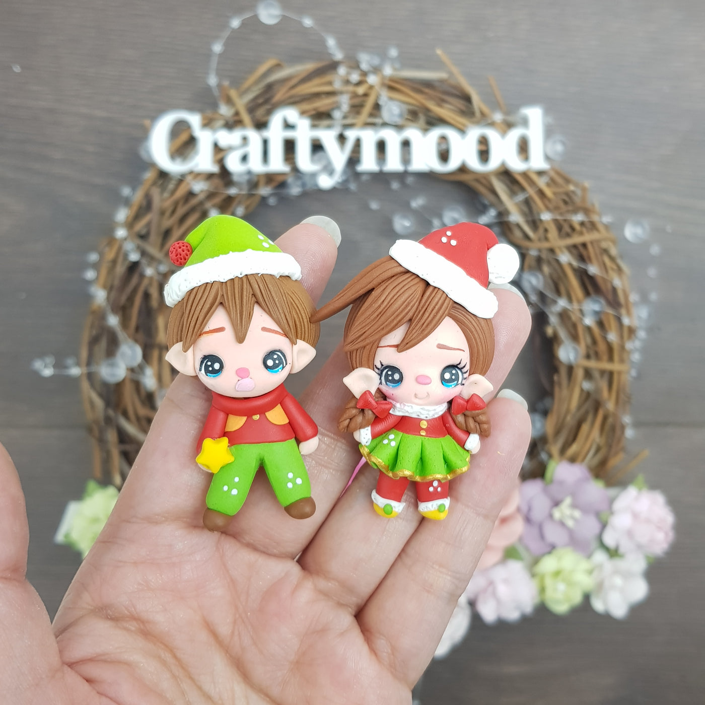 Christmas elf boy and girl - Handmade Flatback Clay Bow Centre