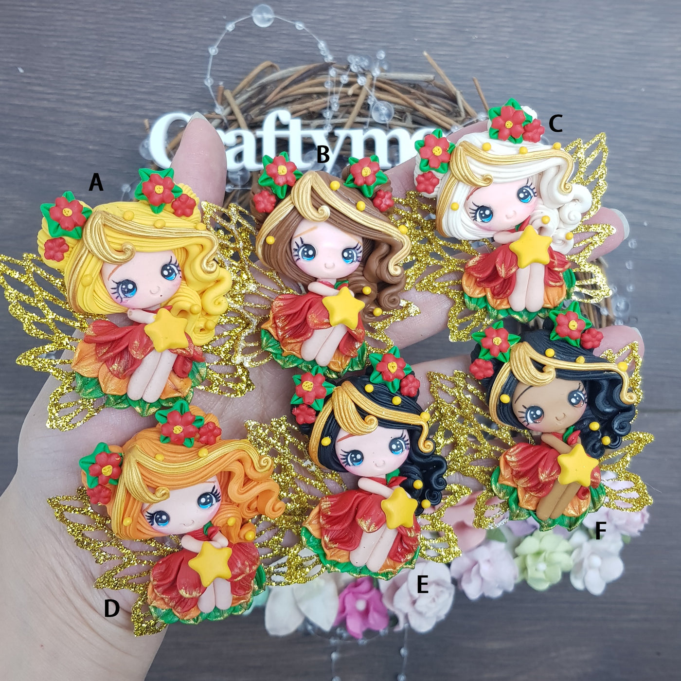 Christmas star flower fairy - Handmade Flatback Clay Bow Centre