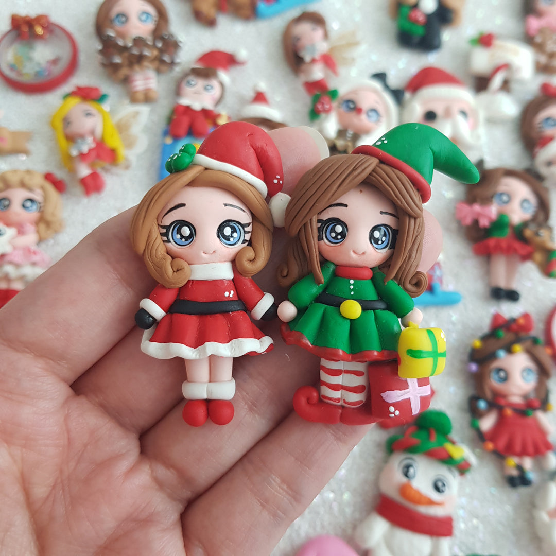 Red green Christmas girl - Handmade Flatback Clay Bow Centre