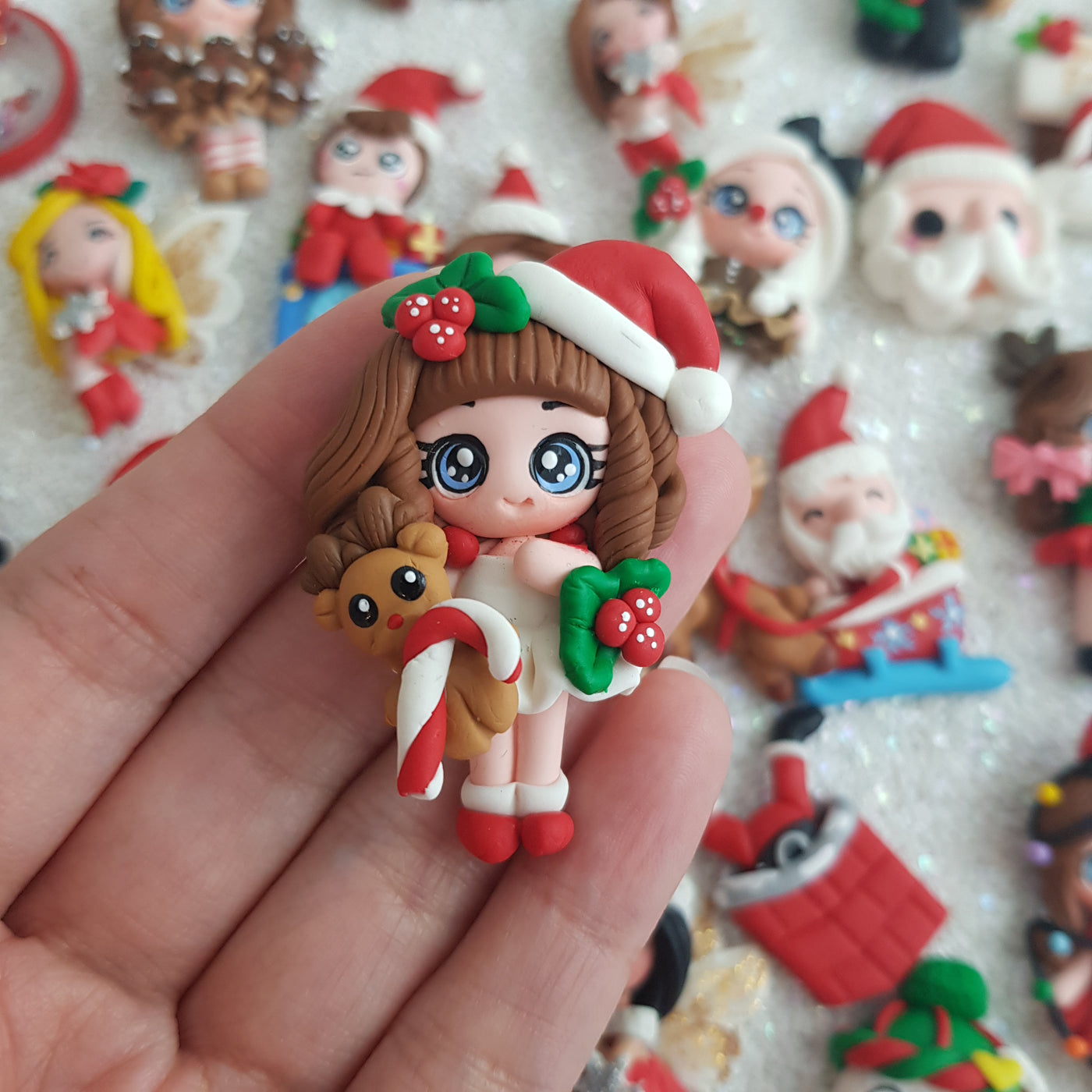 Christmas girl with reindeer - Handmade Flatback Clay Bow Centre