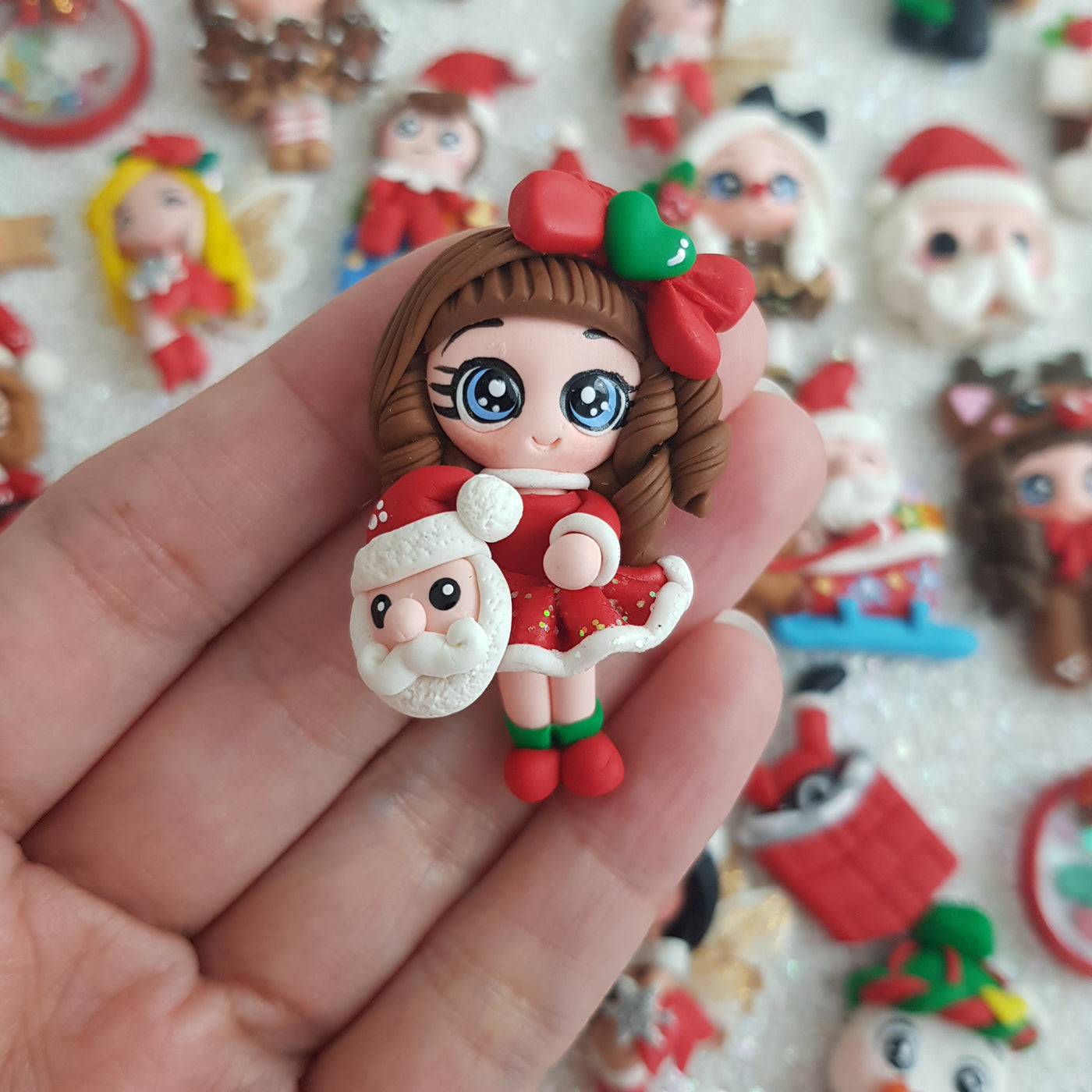 Christmas girl with santa head - Embellishment Clay Bow Centre