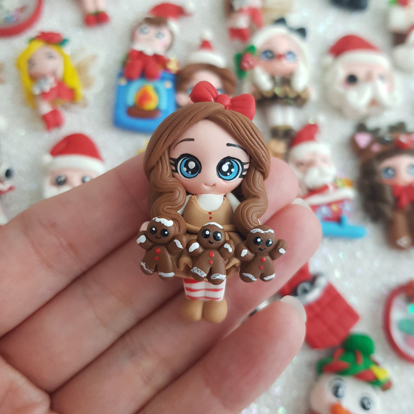 Christmas girl with gingerbread - Handmade Flatback Clay Bow Centre