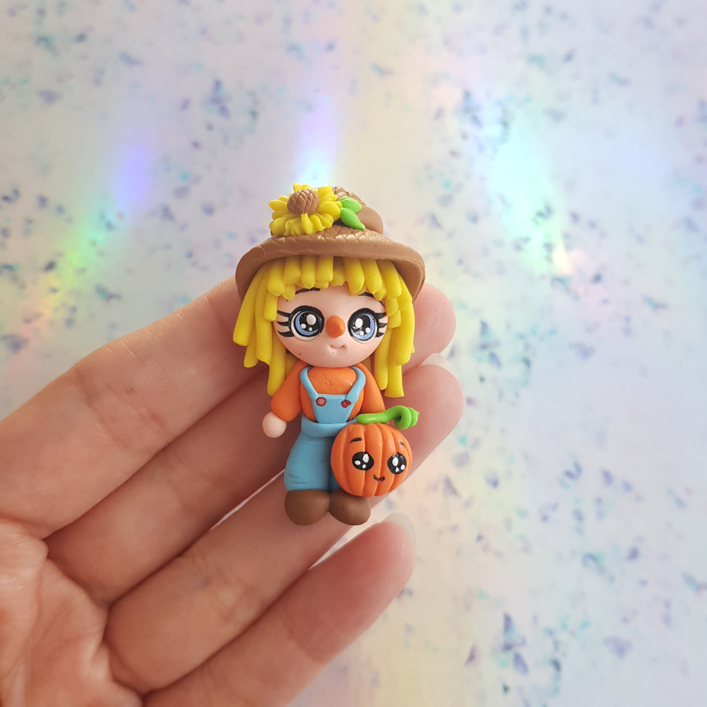 Scarecrow girl with pumpkin - Embellishment Clay Bow Centre