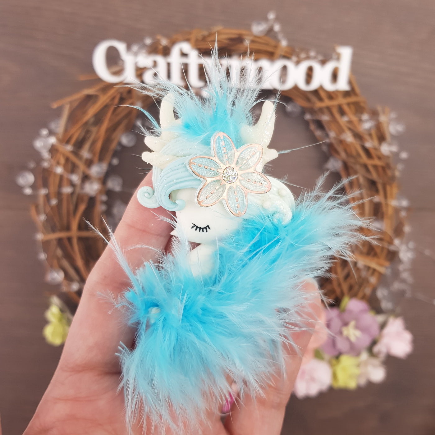 Unicorn and blue feather - Embellishment Clay Bow Centre