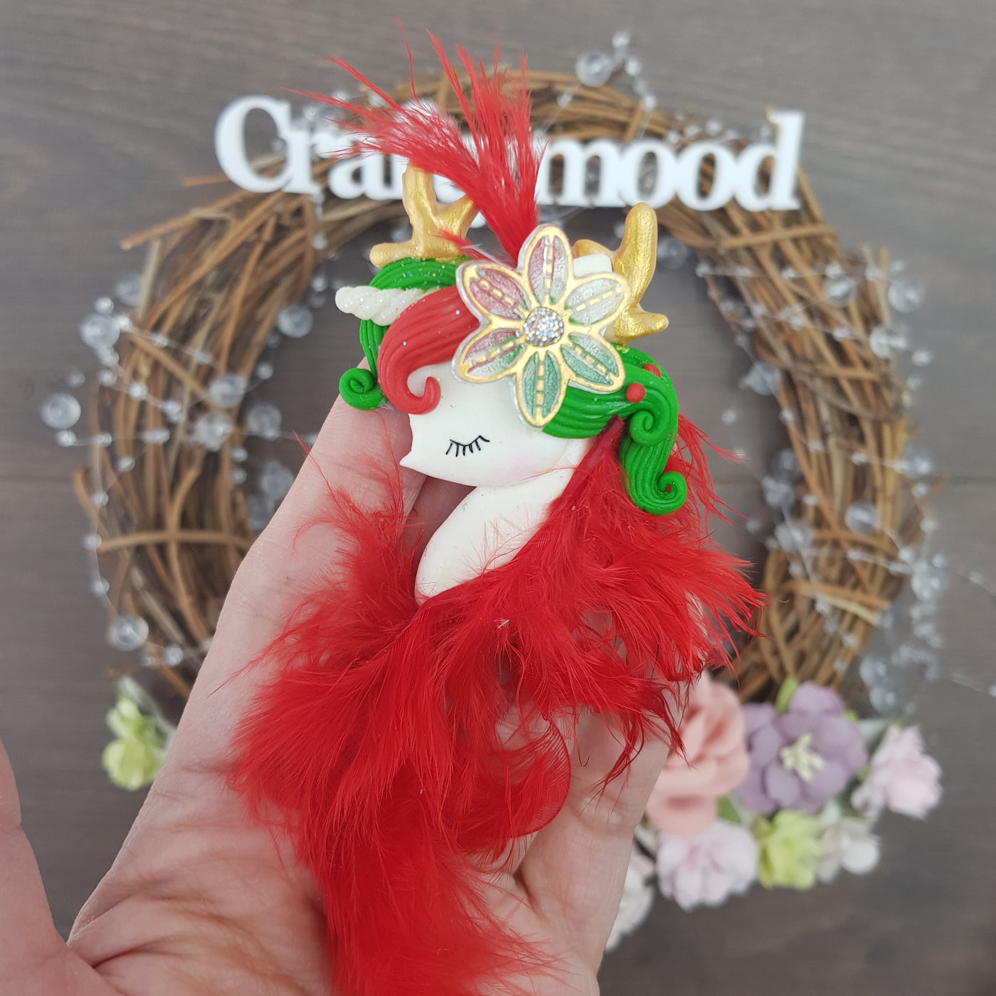 Unicorn with red feather - Embellishment Clay Bow Centre