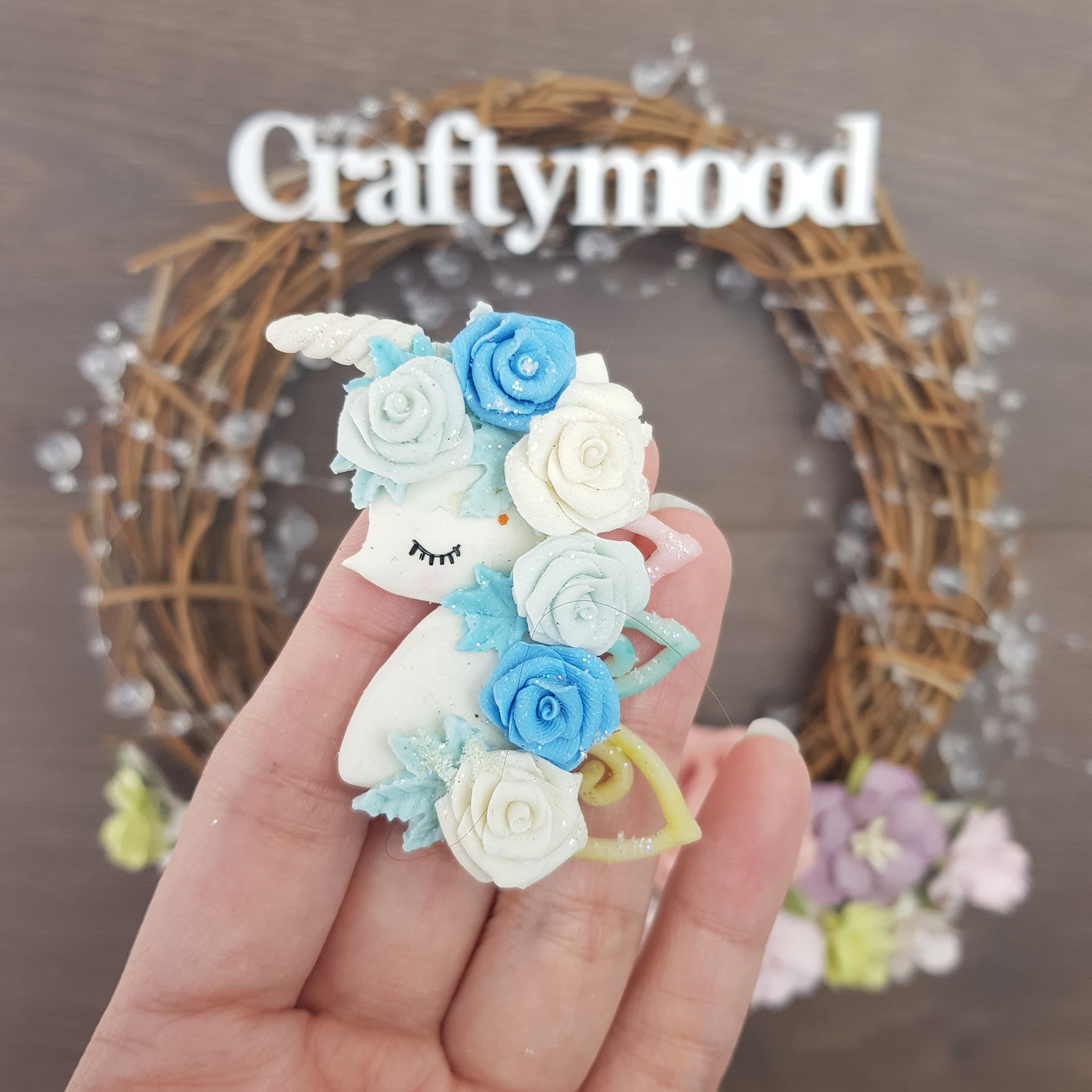 Blue white unicorn head - Embellishment Clay Bow Centre