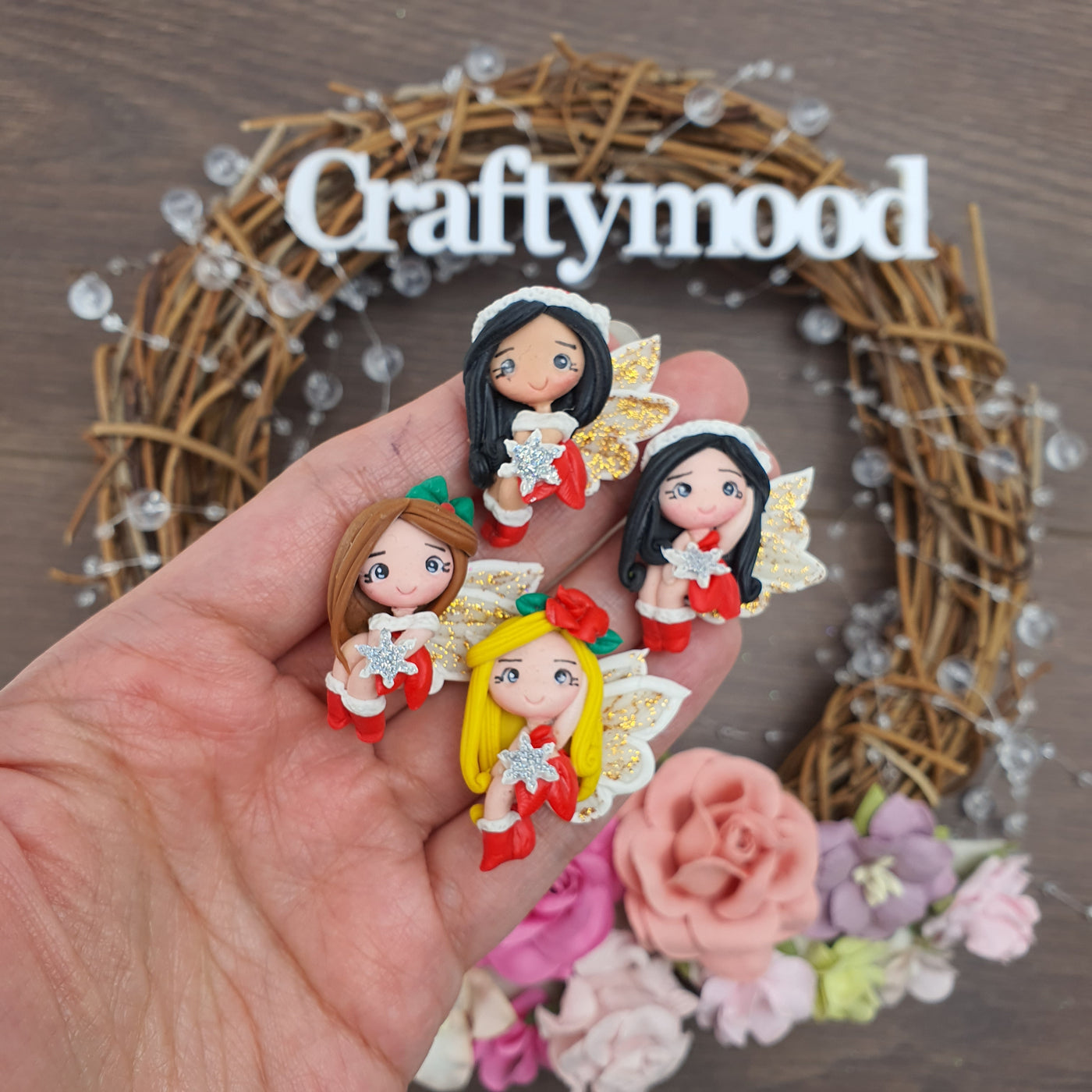 Christmas tiny fairy - Handmade Flatback Clay Bow Centre