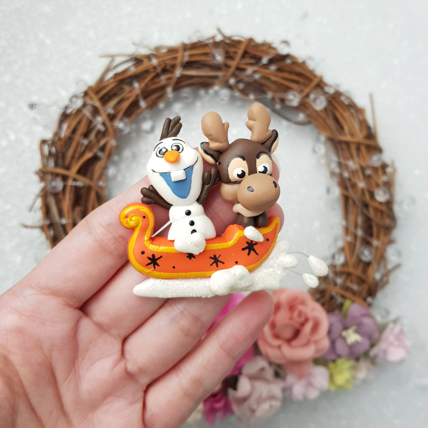 Snowman and reindeer - Handmade Flatback Clay Bow Centre