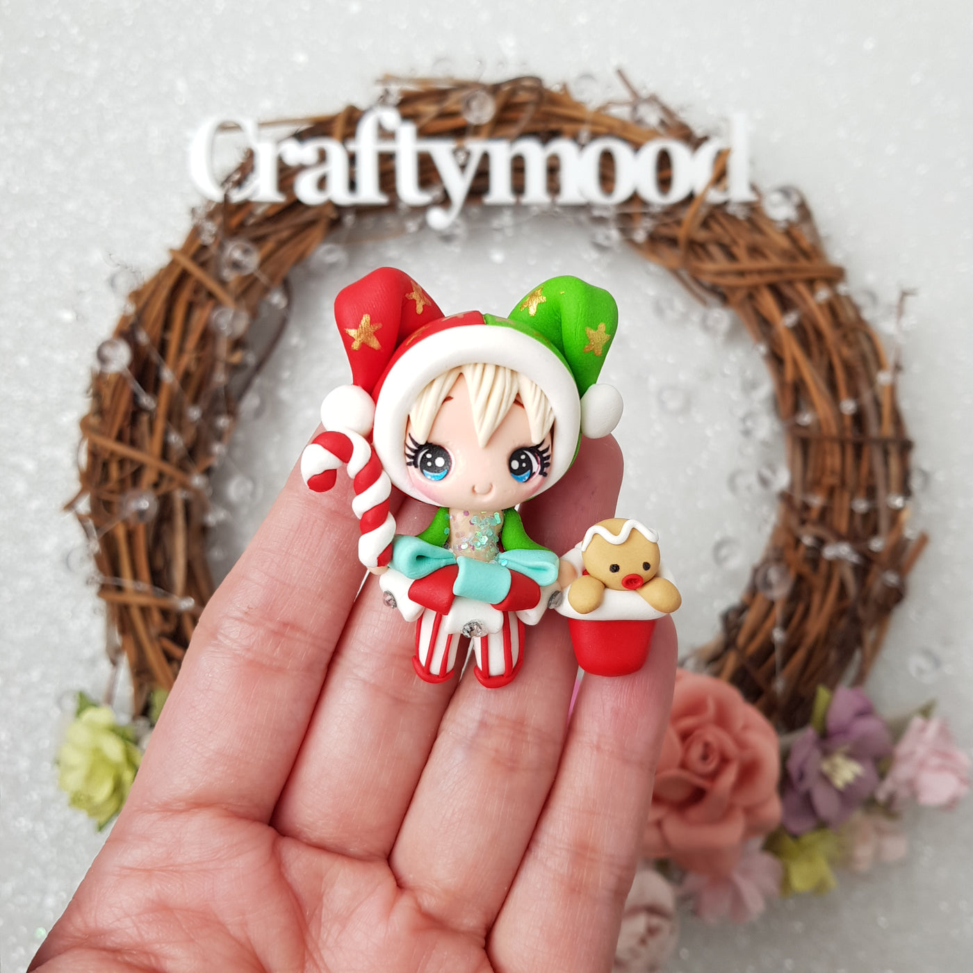 Christmas clown girl - Handmade Flatback Clay Bow Centre