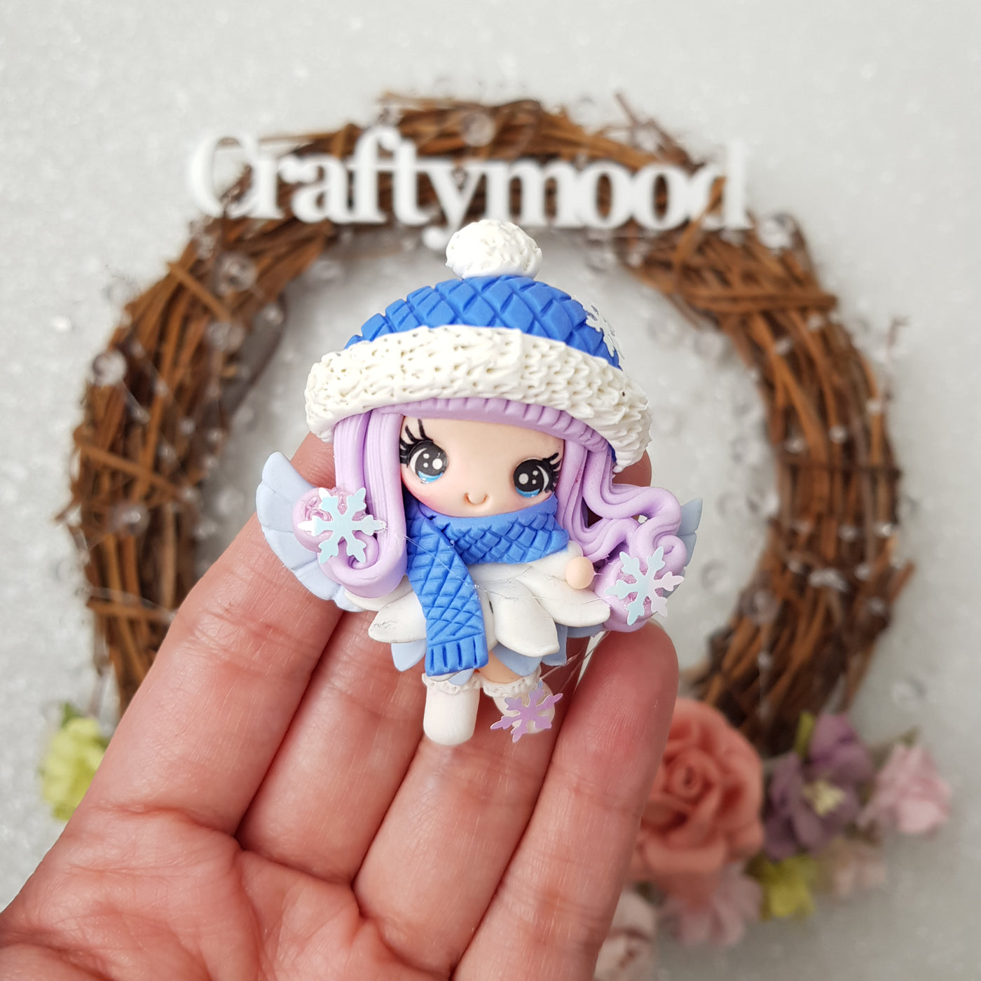 Winter girl with wing - Handmade Flatback Clay Bow Centre