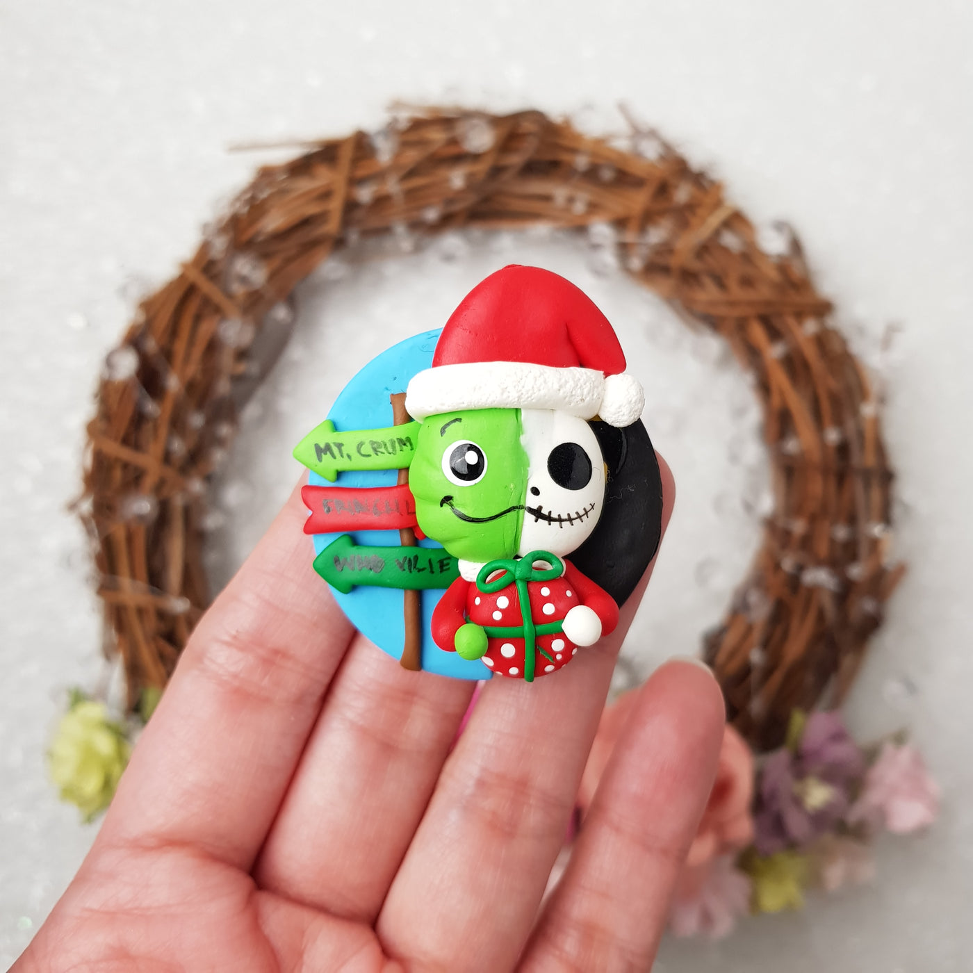 Green monster skeleton Christmas cameo - Embellishment Clay Bow Centre