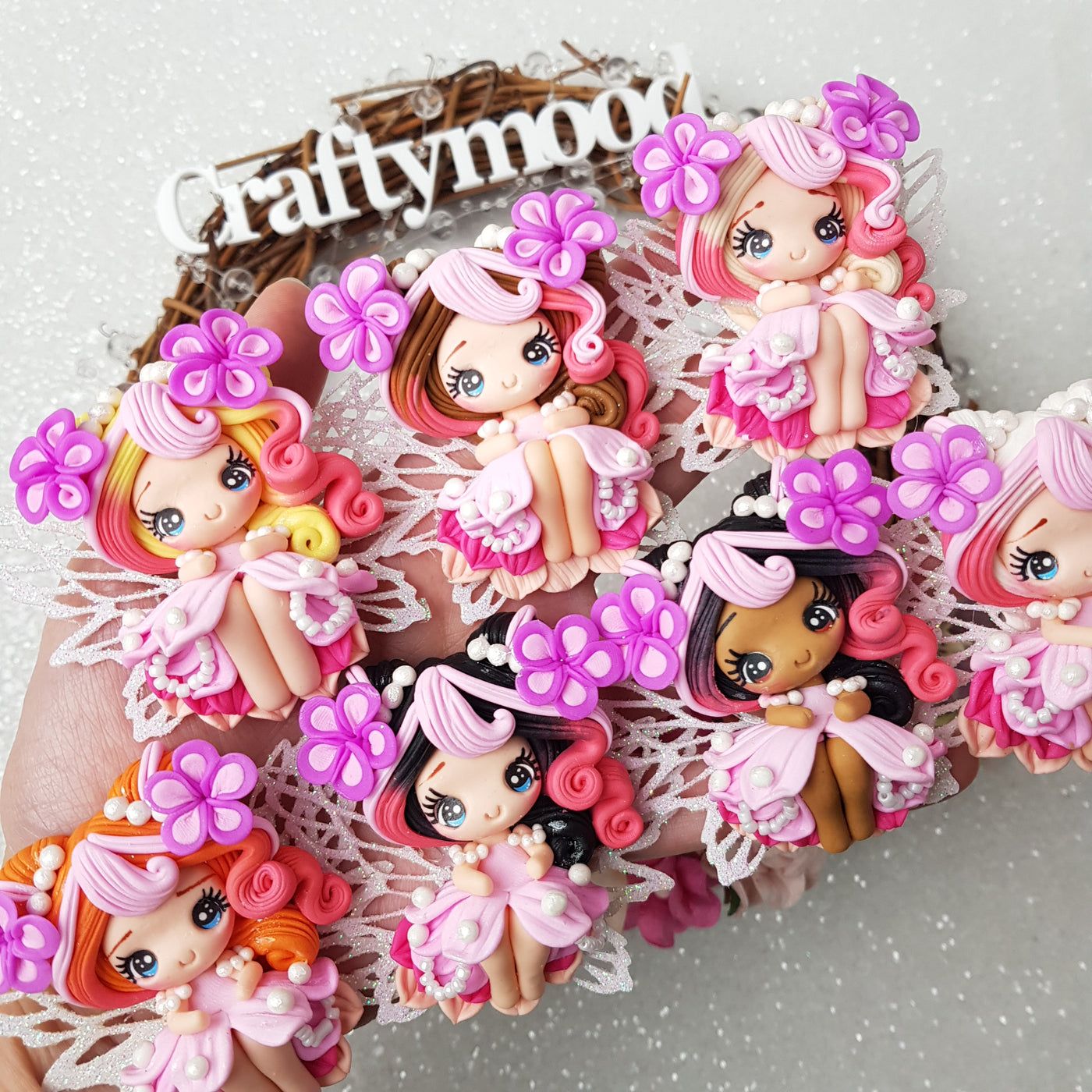 Lilac pink  pearl flower fairy - Handmade Flatback Clay Bow Centre