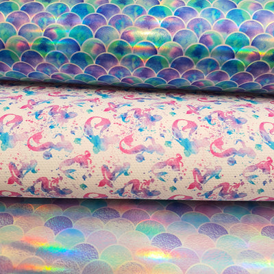 Mermaid scales holographic - Pu Leather vinyl - canvas - choose Fabric material Sheets