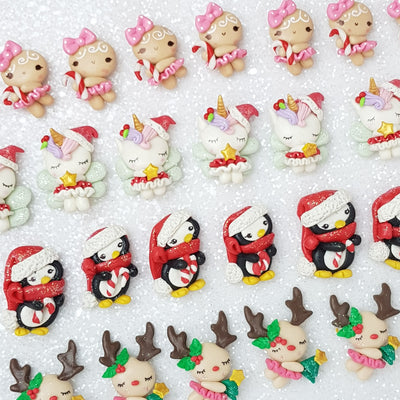 Christmas Gingerbread, Unicorn, Penguin, Deer - Handmade Flatback Clay Bow Centre - Crafty Mood