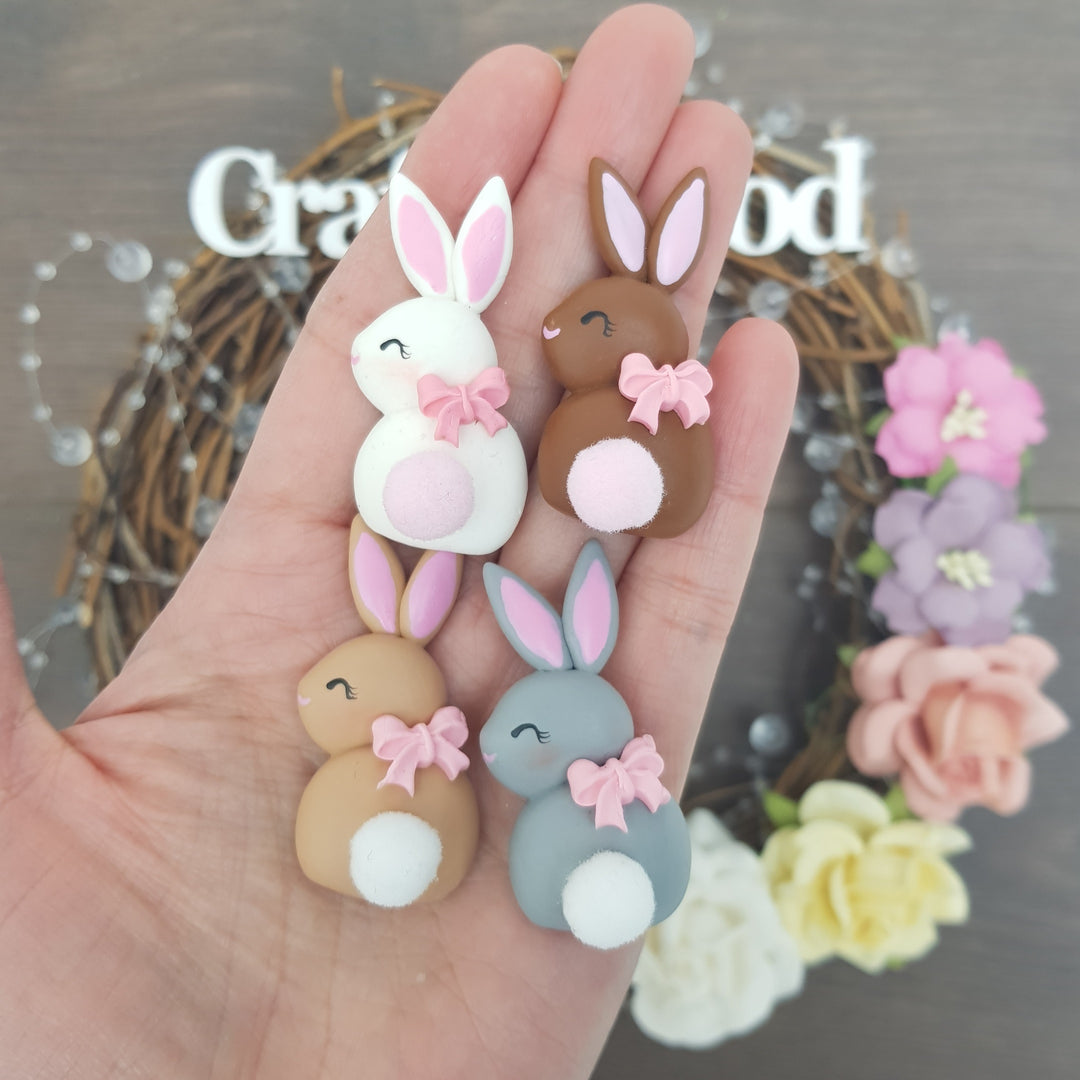 Bunny pompom Easter - Handmade Flatback Clay Bow Centre