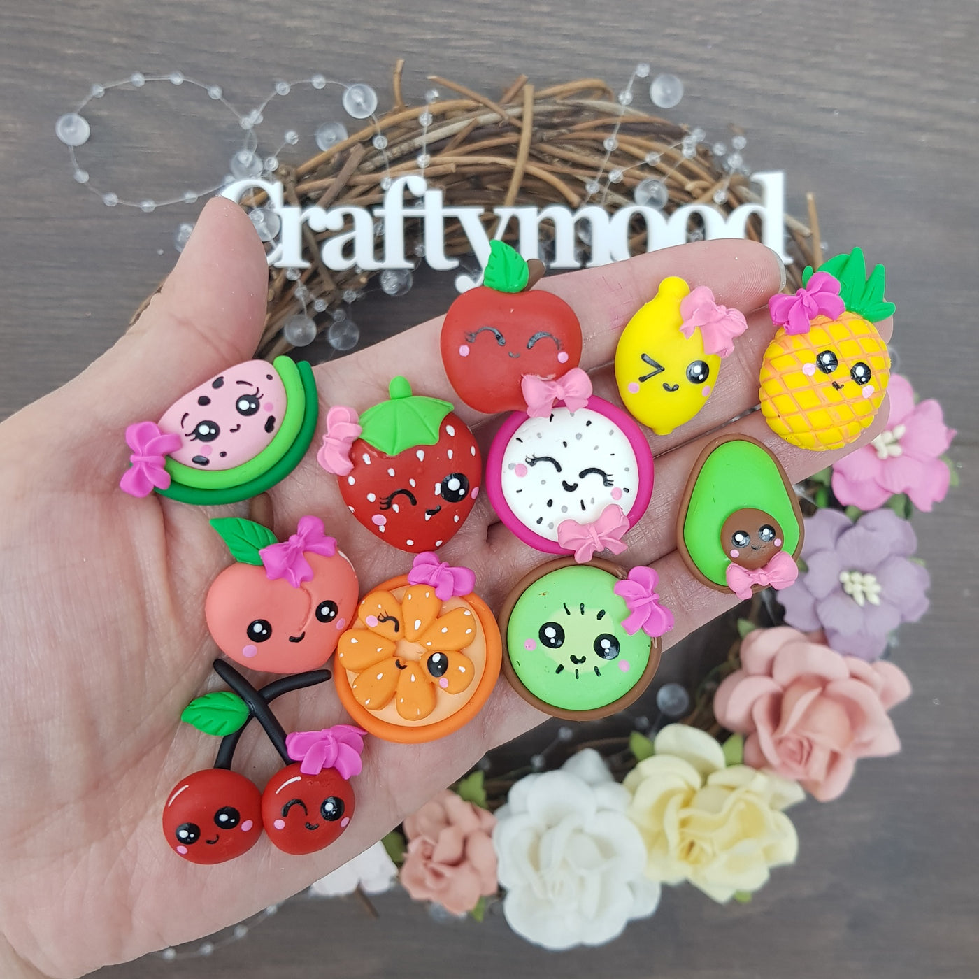 SALE Cute fruits - Embellishment Clay Bow Centre