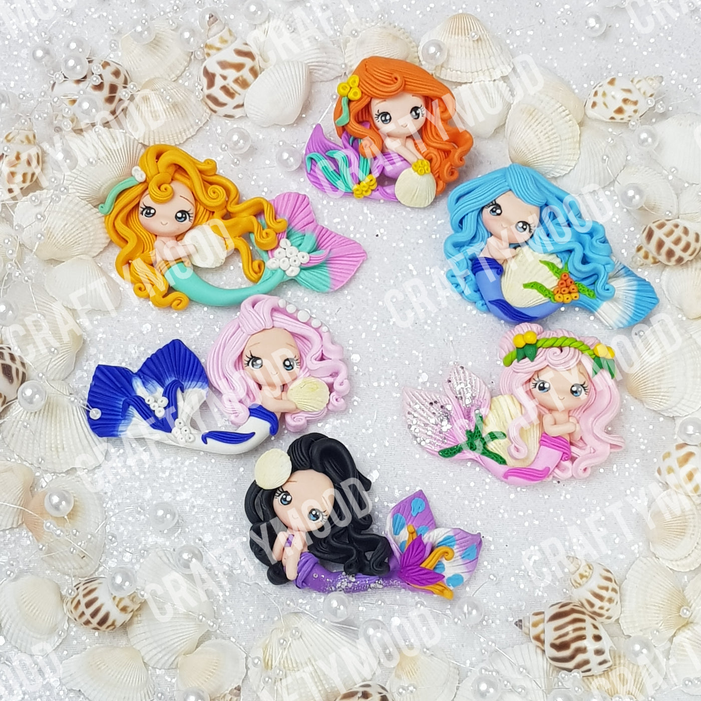 MAX 3 EACH style/ PERSON - Mermaid with clam shell - Handmade Flatback Clay Bow Centre