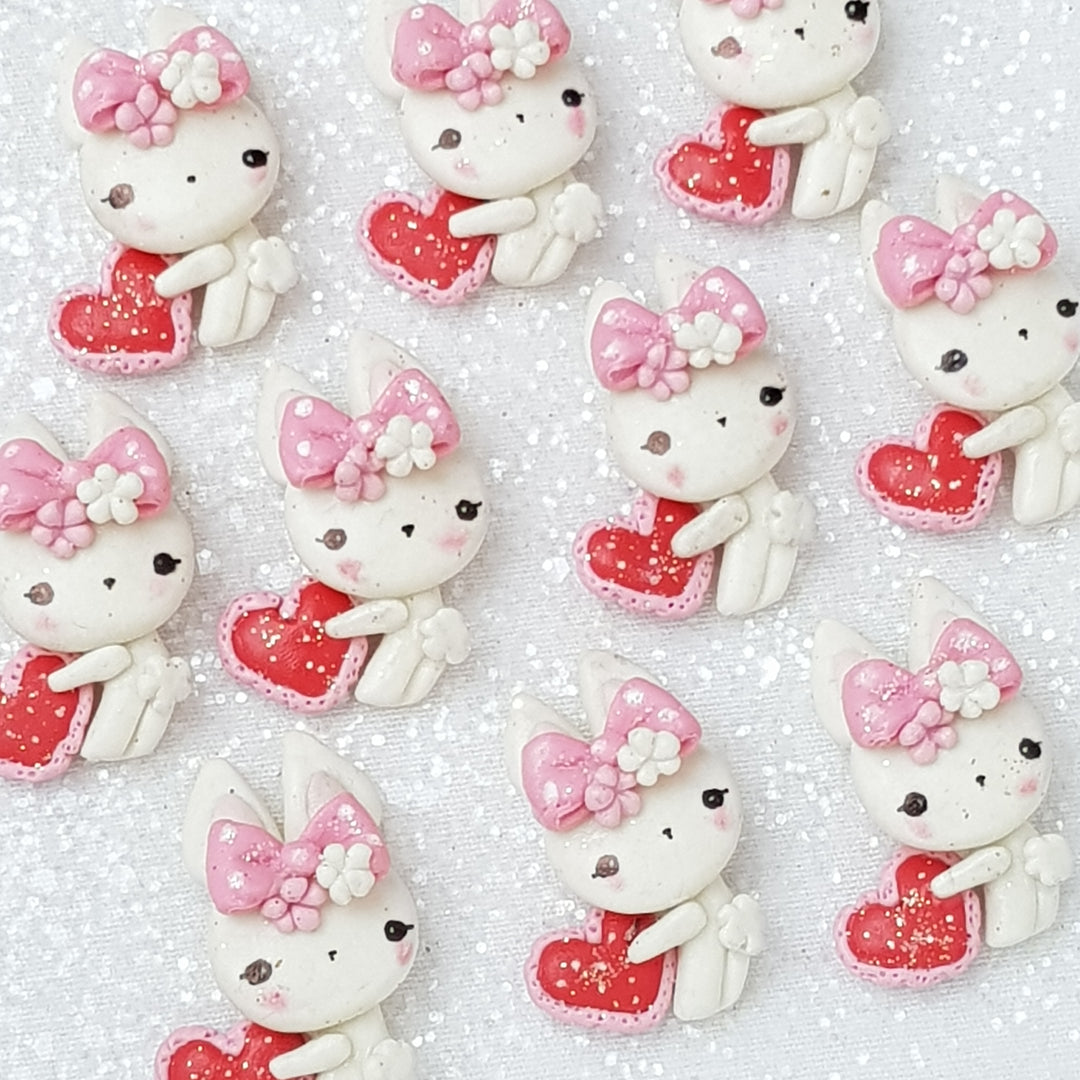Sweet bunny holding heart - Handmade Flatback Clay Bow Centre - Crafty Mood