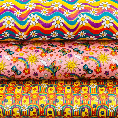 Retro daisy flower butterfly rainbow - faux vegan Leatherette vinyl - canvas - choose Fabric material Sheets