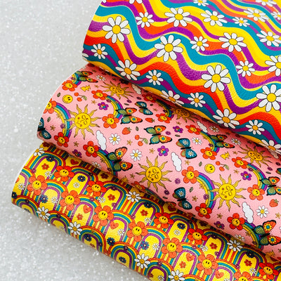 Retro daisy flower butterfly rainbow - faux vegan Leatherette vinyl - canvas - choose Fabric material Sheets