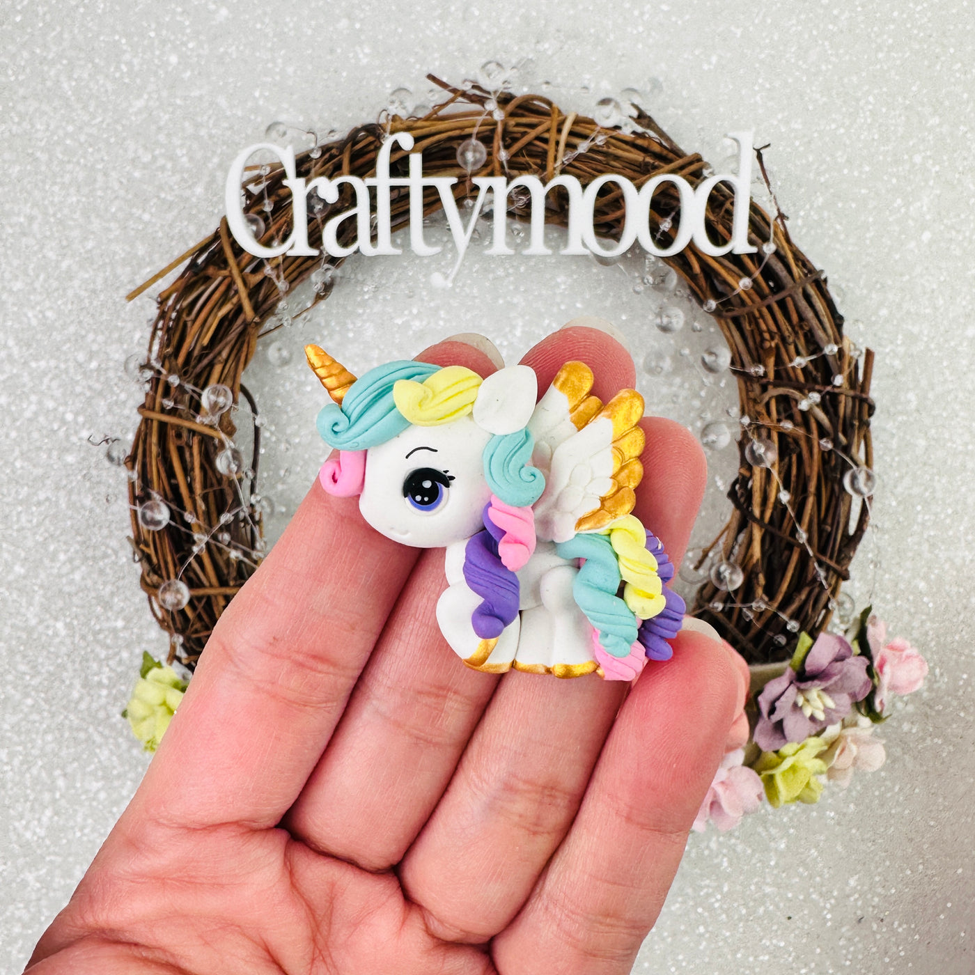 Flying rainbow unicorn - Handmade Flatback Clay Bow Centre