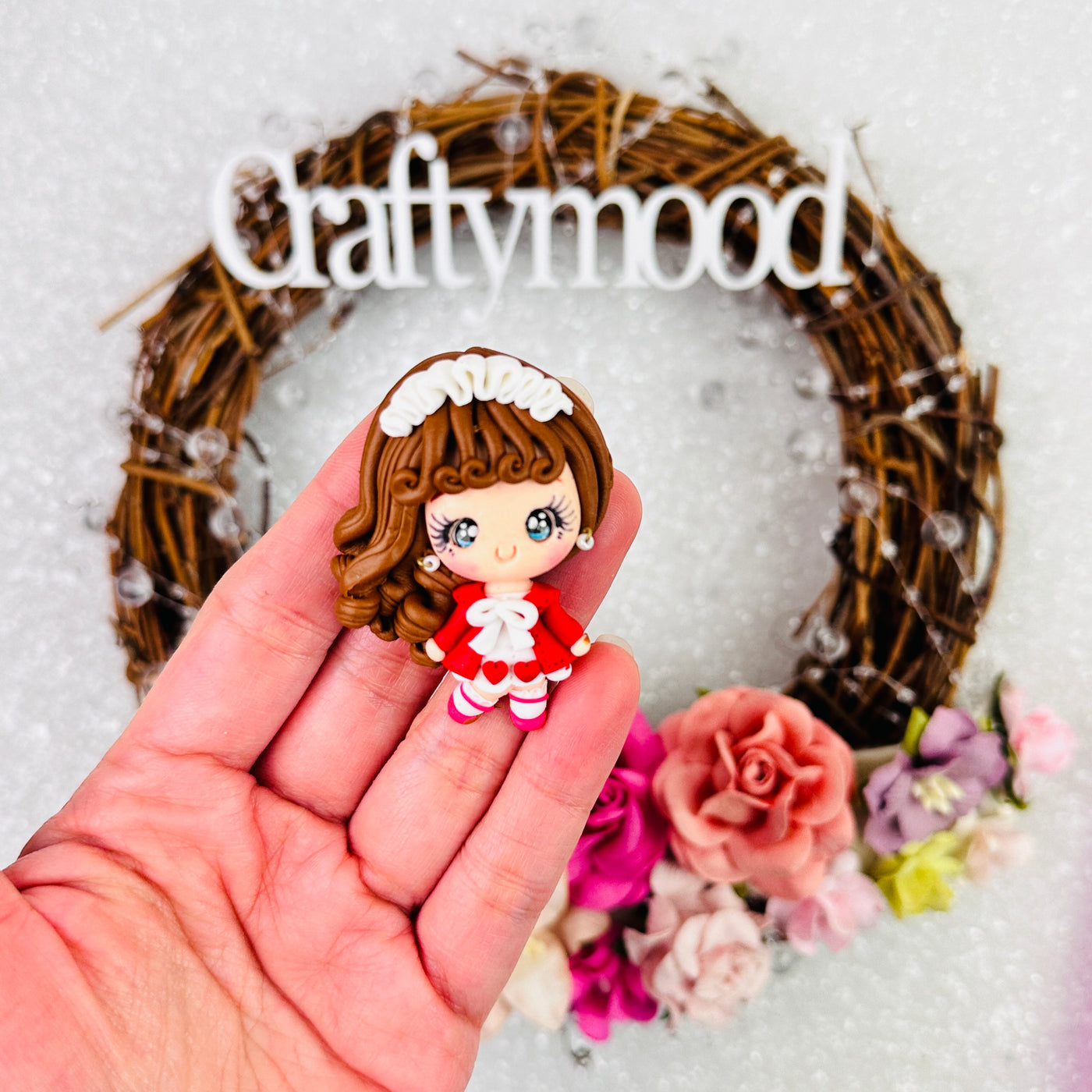 Red and white dress girl - Handmade Flatback Clay Bow Centre