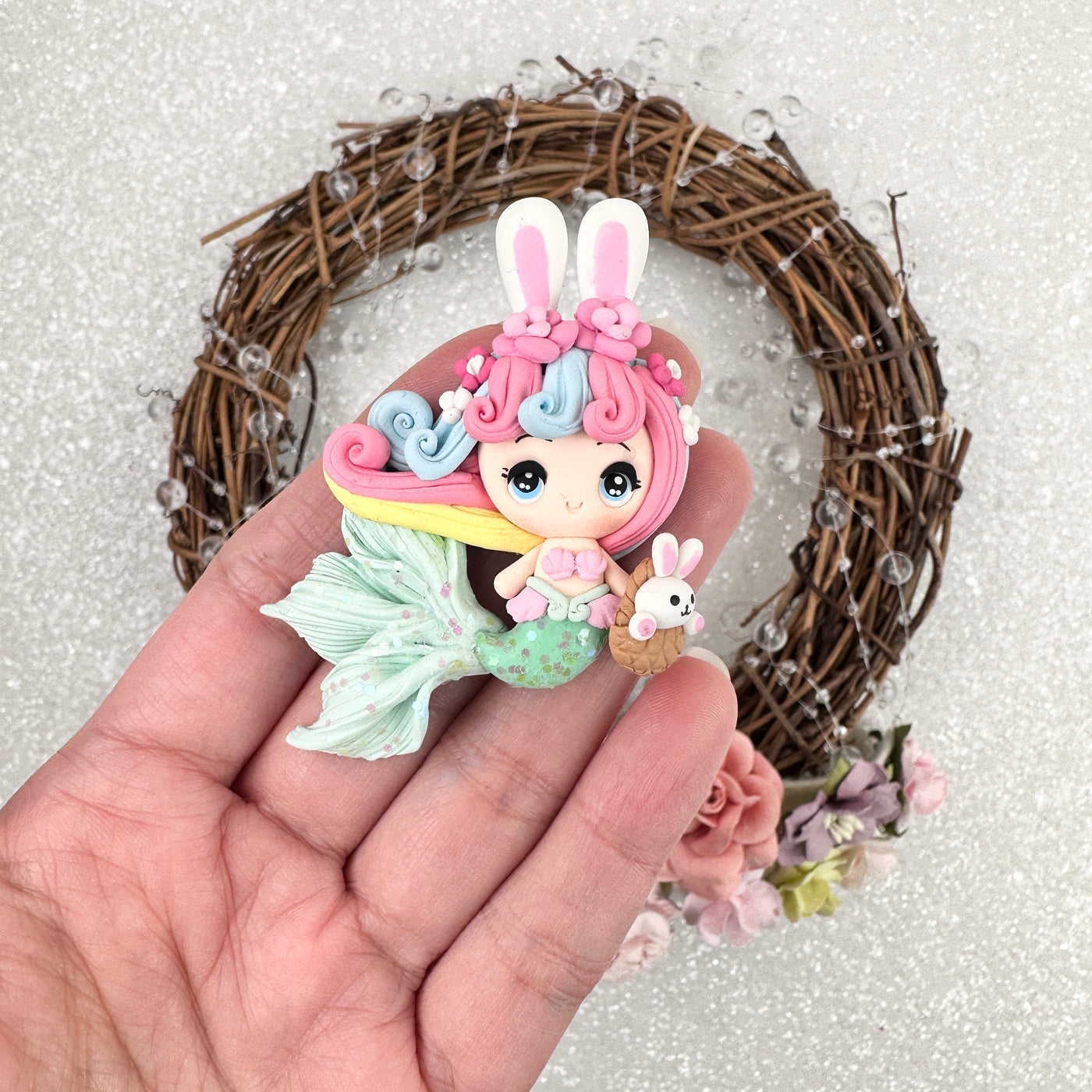 Bunny ear mermaid - Handmade Flatback Clay Bow Centre