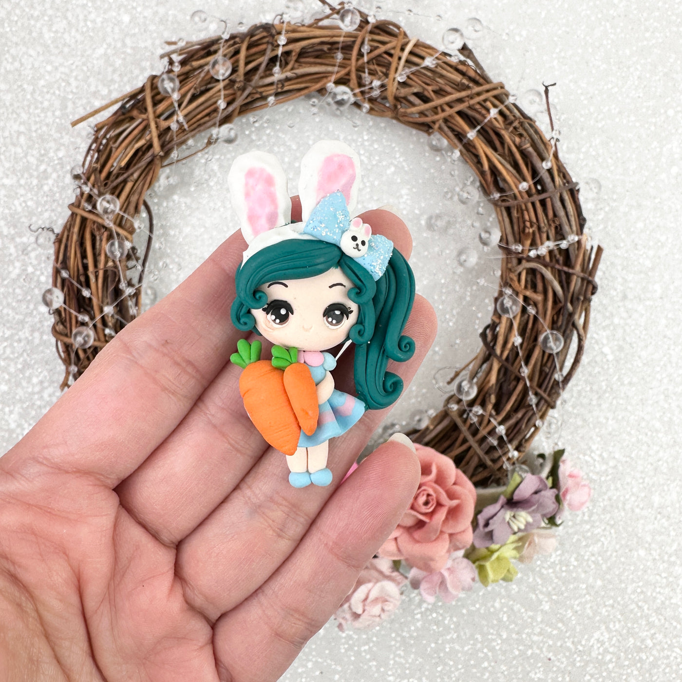 Carrot bunny mint girl - Handmade Flatback Clay Bow Centre
