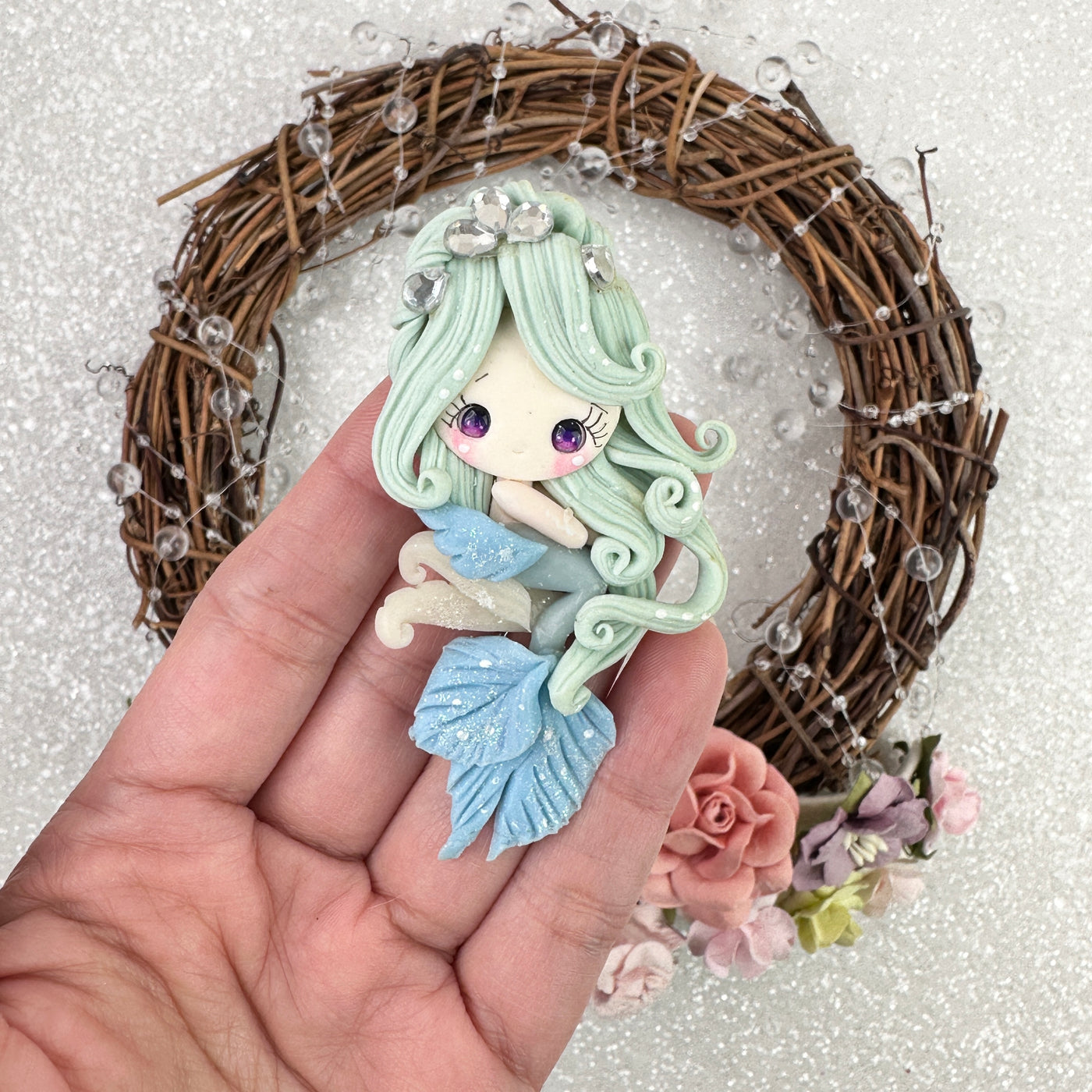 Lilac green pearl mermaid - Handmade Flatback Clay Bow Centre