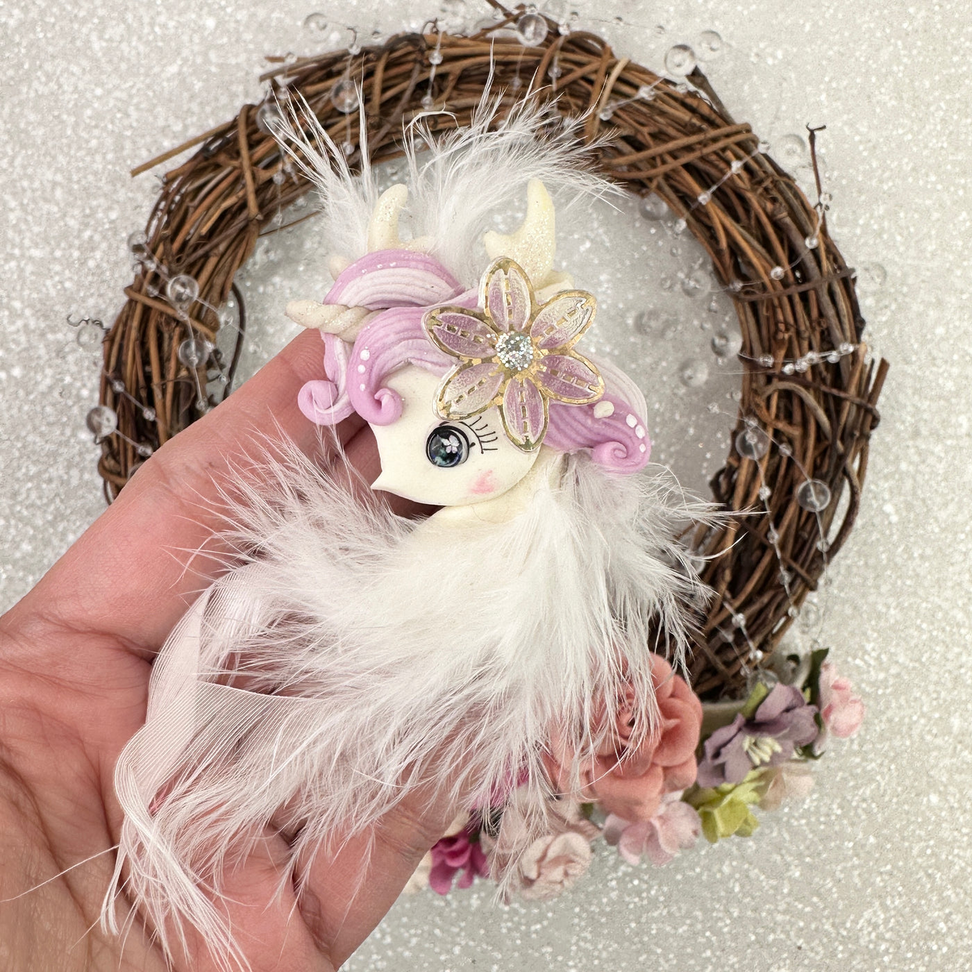 Lilac unicorn hair white feather - Embellishment Clay Bow Centre