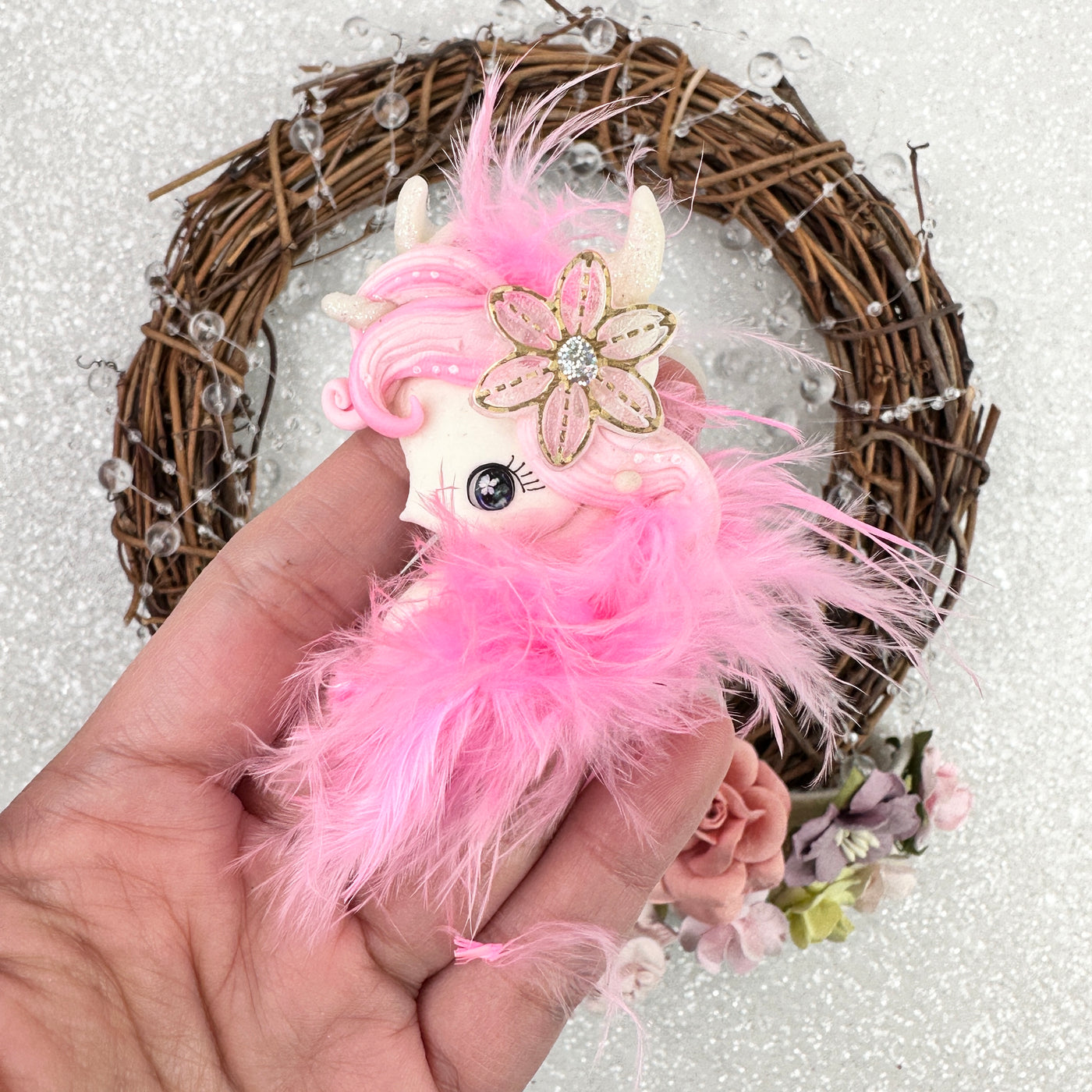 Pink feather unicorn head - Handmade Flatback Clay Bow Centre