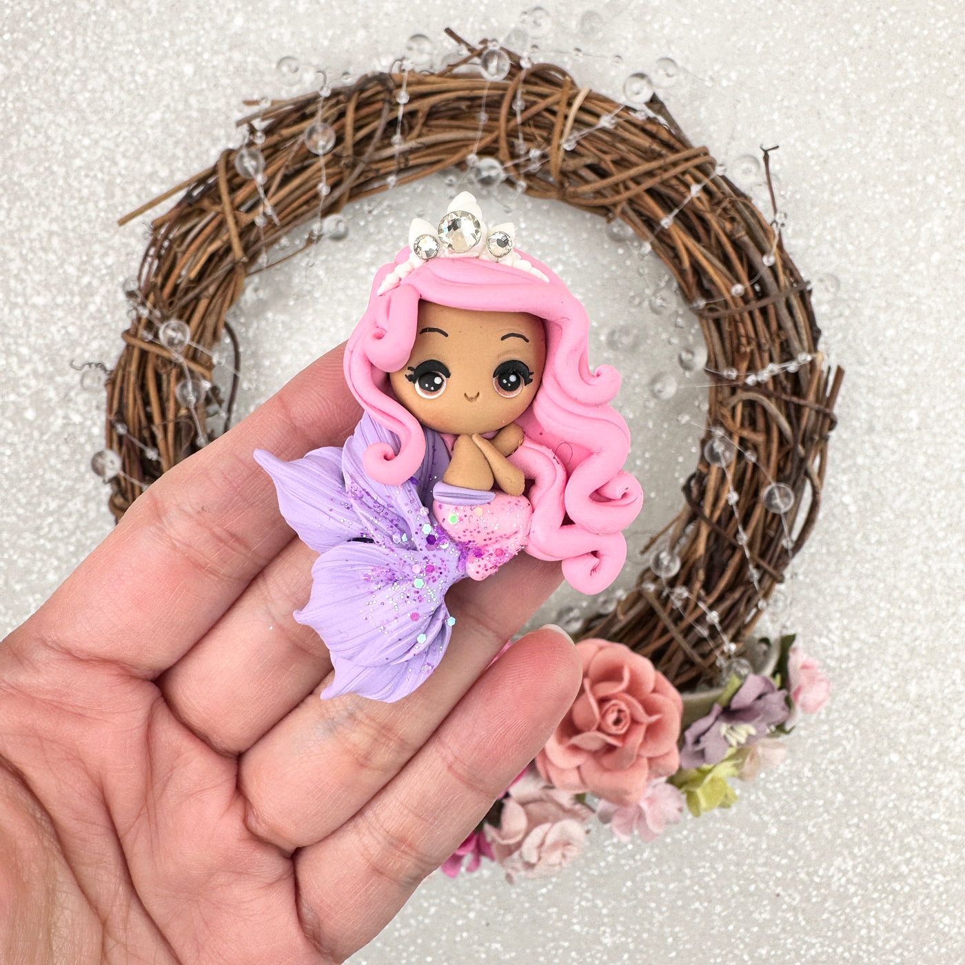 Pink hair lilac tail brown skin mermaid - Embellishment Clay Bow Centre