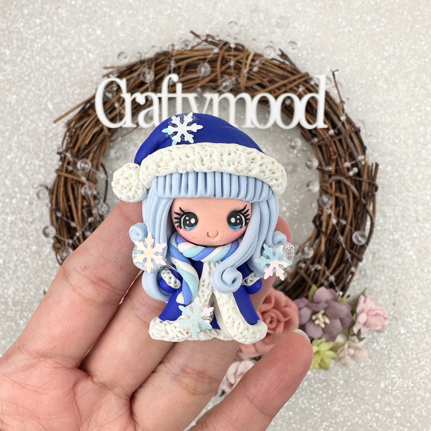 Warm blue winter girl - Handmade Flatback Clay Bow Centre