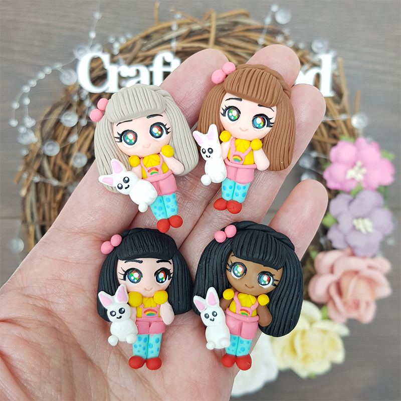 Girl with bunny - Handmade Flatback Clay Bow Centre