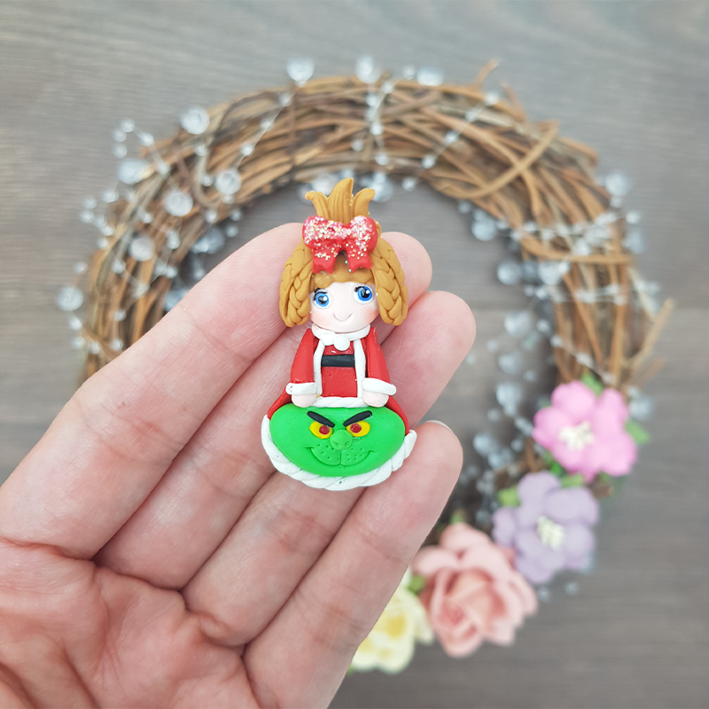 Christmas cute girl and green monster - Handmade Flatback Clay Bow Centre