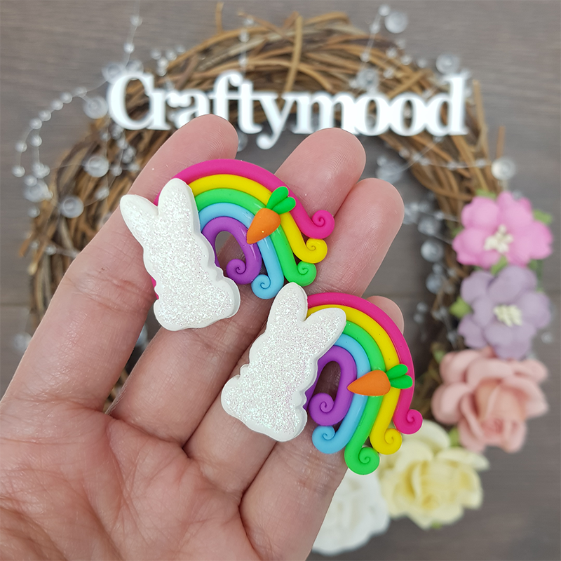 Rainbow bunny - Handmade Flatback Clay Bow Centre
