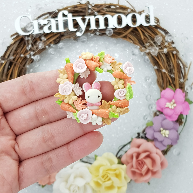 Wreath carrot bunny - Handmade Flatback Clay Bow Centre